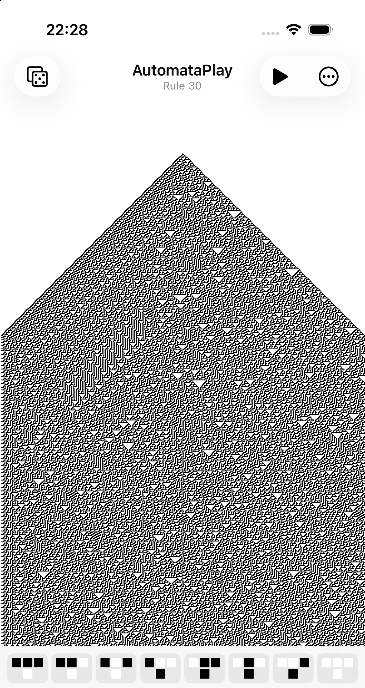 AutomataPlay running on an iPhone, showing Rule 30 rendered as a triangular pattern